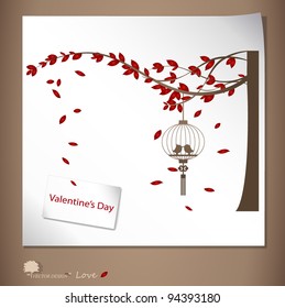 Valentine background with tree, bird and bird cage. Vector Illustration.