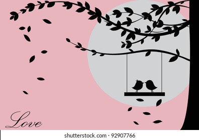 Fondo de San Valentín con árbol, pájaro y puesta de sol. Día de San Valentín. Ilustración vectorial.