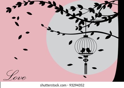 Valentine background with tree, bird and sunset. Valentine's Day. Vector Illustration.