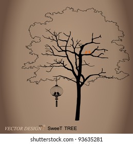 Valentine background with tree and bird. Vector Illustration.