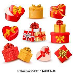 Valentine background with two red hearts and gift bow and ribbons. Vector illustration.