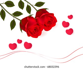 Valentine background. Two red roses and hearts. Vector.