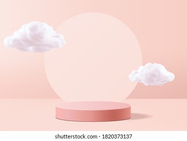 Valentine background vector 3d pink rendering with podium and cloud white scene, cloud 3d minimal background 3d rendering valentine love pink pastel podium. Stage pink on cloud render background