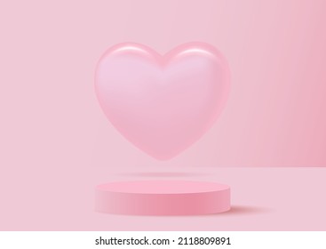 Valentine background vector 3d pink rendering with heart, 3d rendering valentine love pink pastel podium. Stage pink on glass render background.