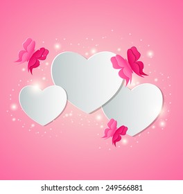 Valentine background with white paper hearts and red butterflies