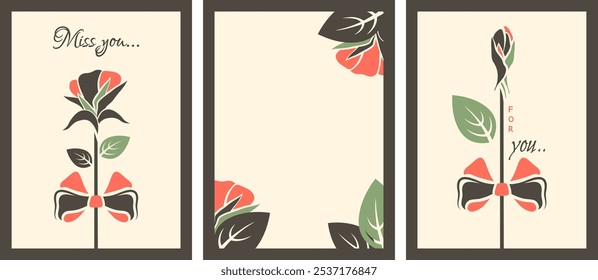 Valentine backgrounds set. Trendy Gift cards with flower elements, love text. Trendy posters for  romantic date, Valentine's day, romantic dinner, wedding, invitation. Vector flat illustration