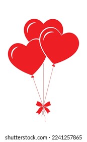 valentine balloons, bunch of three red heart shape ballons with bow, flat vector illustration