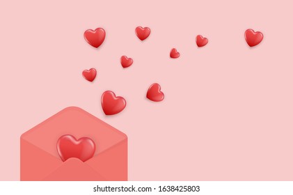 Valentine banner. 3D red heart in letter mail and heart drop out on pink background. Concept for valentine’s day greeting card, postcard or poster in vector illustration