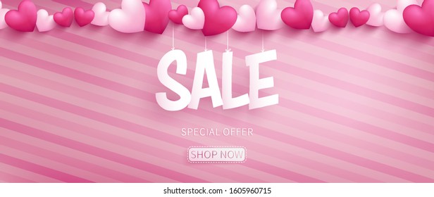 Valentine banner with SALE typography in paper craft style hanging by realistic hearts on top over pink pattern oblique line background