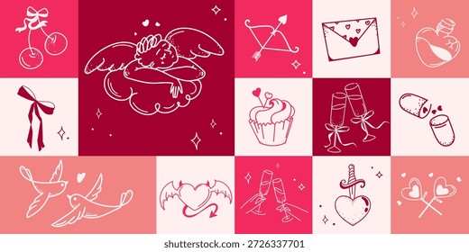 Plantilla de Anuncio de San Valentín con iconos románticos dibujados a mano con cupido, corazones, flechas, champán en una cuadrícula de color rosa para tarjetas de felicitación, Anuncios de Web, carteles y redes sociales.Ilustración vectorial