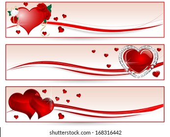 Valentine banners with red hearts and flowers