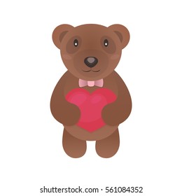 Valentine bear with heart in hands isolated on white background for use greeting card, stamps, label, posters and romantic quote. Vector Illustration