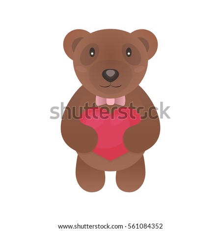 Valentine bear with heart in hands isolated on white background for use greeting card, stamps, label, posters and romantic quote. Vector Illustration