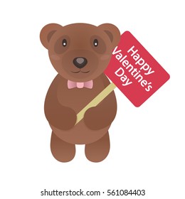 Valentine bear with signboard and congratulation Happy Valentine's day isolated on white background for use greeting card, stamps, label, posters and romantic quote. Vector Illustration