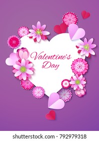valentine, beautiful blossoming heart shape 3d, vector illustration, red pink sakura flowers made of paper, wedding card,cut paper