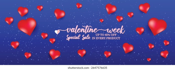 Valentine big sale poster with heart shaped balloon's, in a blue background, can be used in salle marketing poster, love banner, valentine week sale banner, vector art illustration