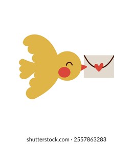 Valentine bird with card. Vector illustration in doodle cartoon style isolate on white. Hand drawn illustration for Valentine day ,cute yellow bird fly with love mail