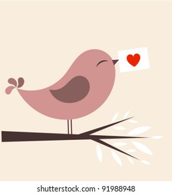 Valentine Bird With Card. Vector Illustration