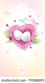 Valentine bird nest of love heat shape watercolor style vector illustration with blank copy space for card banner design  party event wedding on background 