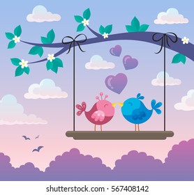 Valentine birds on board below branch 2 - eps10 vector illustration.