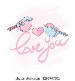 VALENTINE BIRDS Spring Cartoon Vector Illustration Set for Print, Fabric and Decoration.