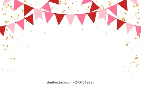 Valentine, birthday, party, anniversary, holiday decoration elements bunting paper flags and confetti festival