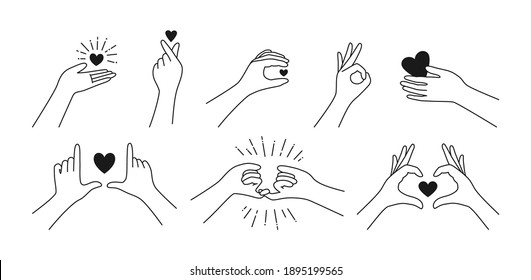 Valentine black line icon set, hand holding heart. Finger love symbol, Hands gestures Korean love sign. Woman hands minimalist trend style. Design print greeting cards, vector illustration isolated