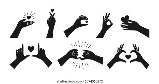 Juego de iconos de la silueta negra de San Valentín, mano sosteniendo el corazón. Símbolo de amor al dedo, Manos muestra el signo de amor coreano. Estilo de tendencia minimalista. Tarjeta de saludo de impresión de diseño, ilustración vectorial aislada