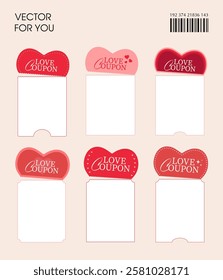 Valentine blank coupons set icon with barcode, heart icon, isolated on background. Pack of valentine gift voucher templates. Coupon book in vector illustration