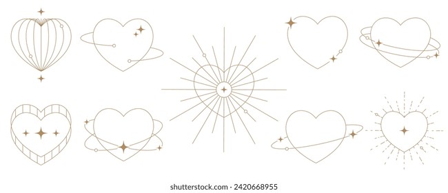 Valentine bohemian outline heart. Minimal geometric abstract design. Magic love symbol for Valentine day. Romantic cosmic aesthetic graphic. Mystic collection with glow effect. Vector illustration.