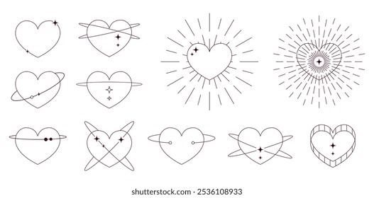 Valentine boêmio esboço corações definido. Design abstrato geométrico mínimo com traçado editável. Símbolo estético de amor mágico para o dia dos namorados. Coleção mística com efeito de brilho. Ilustração vetorial