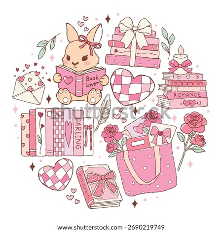 Valentine Bookish Vector, illustrations of Cute Bunny Reading, Romantic Books, Roses and Cozy Love Aesthetic, Coquette Books Decoration Vector