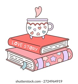 Livros de namorados com xícara de café ilustração vetor. Romance clipart livrinho, Valentines dia design, Romântica estética.