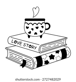 Livros de namorados com xícara de café ilustração vetor em cor preta. Romance livraria rabiscar, dia dos namorados design, Romântica estética.