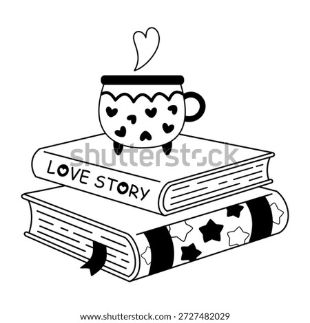 Valentine books with coffee cup vector illustration in black color. Romance bookish doodle, Valentines day design, Romantic aesthetic.