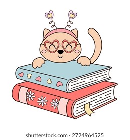 Libros de San Valentín con linda Ilustración vectorial de gato. Clipart de libros románticos, diseño del día de San Valentín, estética romántica.