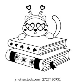 Libros de San Valentín con linda Ilustración vectorial de gato. Clipart romántico de libros, día de San Valentín doodle en color negro, estética romántica.