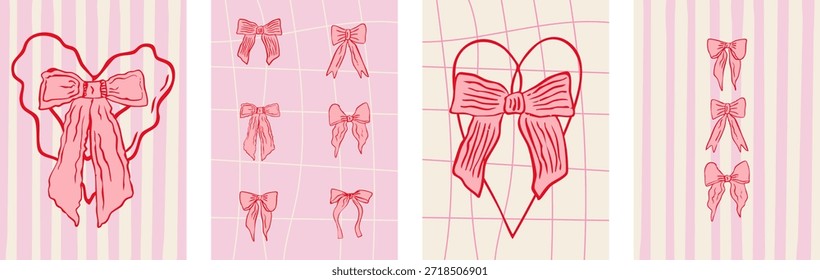 Conjunto de ilustración de arco de San Valentín con cintas y corazones rosados dibujados a mano en fondos de rayas y cuadrícula, tarjetas románticas lindas para mensajes de amor, carteles y redes sociales