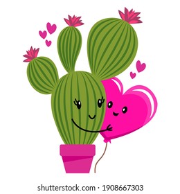 Valentine Catus umarmt einen Herzform-Ballon - handgezeichnetes Pärchen, das kawaii-Stil illustriert. Valentinstag-Poster. Gut für Poster, Grußkarten, Textilien, Geschenke, Hemden, Becher. Kakteen in Liebe. 