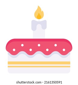 Valentine cake with burning candle, flat icon 

