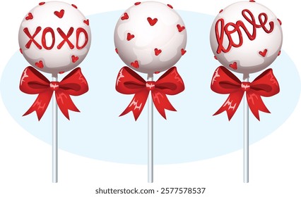 Valentine Cake Pops with Red Ribbons and Cute Messages. XOXOX, Hearts and Love Designs made with Red Syrup Cream. Romantic Pastry Vector Illustration 