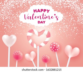 Valentine candies banner template. 
Happy Valentines day text with Valentines elements in heart and round candy shape in pink background. Cute Vector illustration