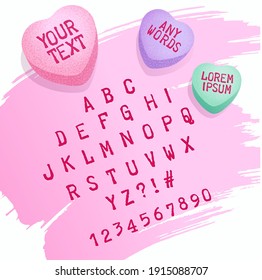 Alfabetización de caramelos de San Valentín y corazones de caramelos para personalizar con tu propio texto. Elementos de diseño de San Valentín para tarjetas de felicitación, invitaciones, publicaciones en medios sociales y páginas web.