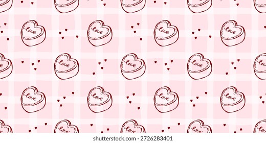 Valentine candy doodle cake with whimsical day seamless vector party heart motifs for celebrations. Ideal for wedding or engagement cards and romantic decor.