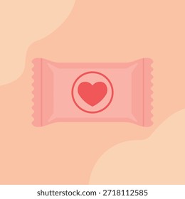 Valentine Süßigkeiten Verpackung Illustration. Einfache rechteckige Umhüllung, die flach liegt. Weich gefaltetes Papierdetail. Fett zentrierte Herzdichtung. Einfache romantische Süßigkeiten Thema.