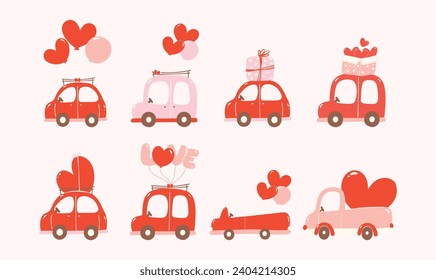 Valentine car illustration set with cute kawaii flat design in red and pink theme.