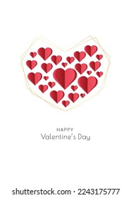 Valentine card 5x7 in. Love frame template. Creative vector illustration with paper cut effect red hearts and golden frame. Minimal and modern design.