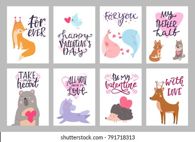 Valentine card with animals and lettering with handwritten calligraphy text, isolated on white background. Vector Illustration