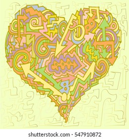 Valentine Card for the beloved, vector hand painted the heart of the arrows, waves, hooks, keys, steps and figures, love, gold, background green, colored