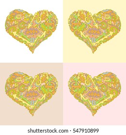 Valentine Card for the beloved, vector hand painted the heart of the arrows, waves, hooks, keys, steps and figures, backgrounds different
